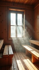 Sauna interior with wooden benches and sunlight beams