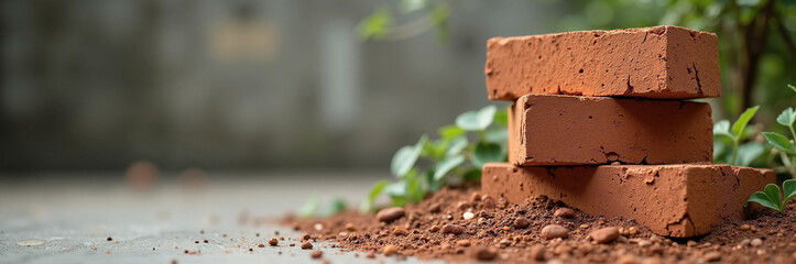 Stack of bricks resting on rough surface and surrounded by greenery conveys construction themes. Stack of bricks are made of clay and fired at high temperatures, making them durable and strong.
