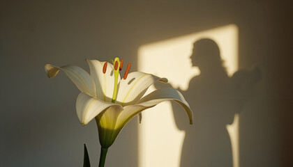 Lily flower close-up with shadow of woman on wall, lily flower details are prominent in sunbeams. Lily flower represents purity and innocence in conceptual photography, creating symbolic mood.
