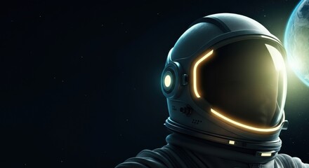 Astronaut in space gazes toward Earth with a glowing helmet visor among stars