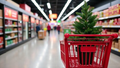 Christmas tree in shopping cart at supermarket