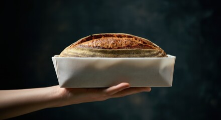Loaf of bread presented in a paper sleeve held by a hand in a bakery setting
