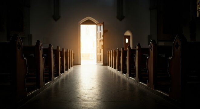Church aisle bathed in warm backlight with empty pews along a quiet nave