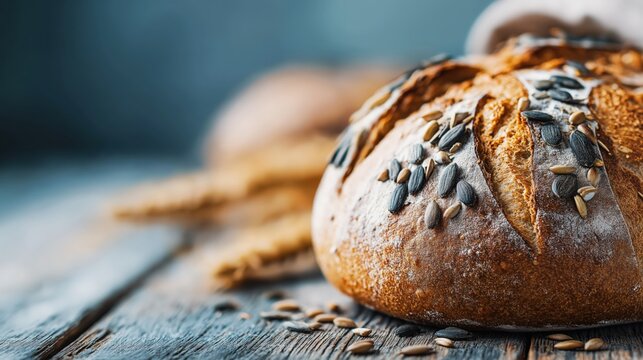 Whole grain bread loaf with seeds on a wooden surface, offering ample copy space