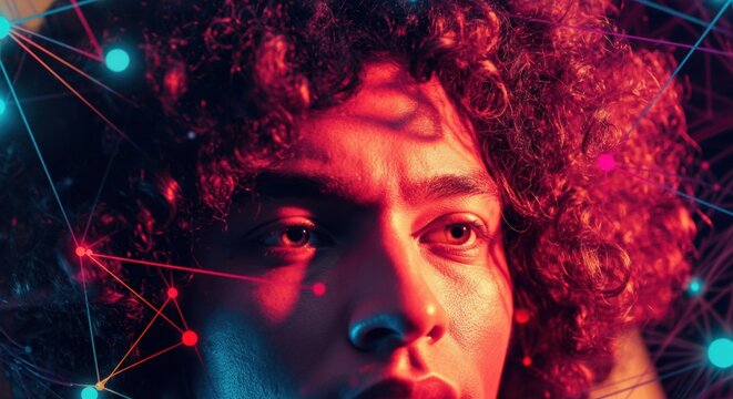 Man immersed in neon network lighting with moody futuristic ambiance and glow