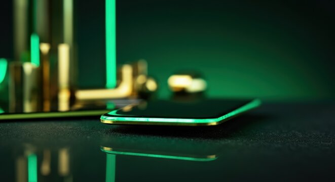 Smartphone resting on a glossy desk bathed in neon green ambient lighting