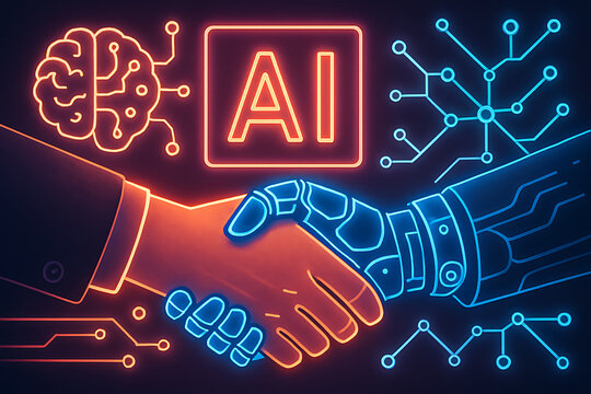 Futuristic neon handshake between human and robot symbolizing artificial intelligence partnership collaboration and digital innovation