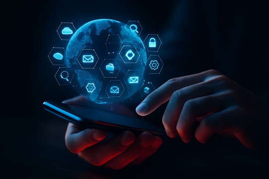 Futuristic technology concept with smartphone projecting digital hologram earth surrounded by glowing network application icons representing communication data and global connectivity
