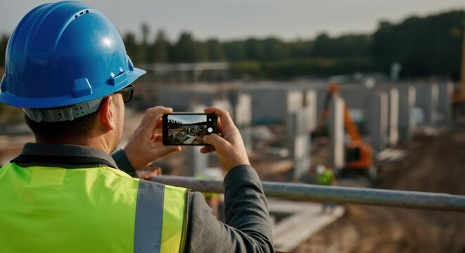 Construction worker captures a mobile shot at a busy construction site during survey