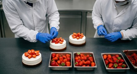 Chefs decorating strawberry shortcake desserts with fresh berries on a clean station