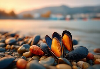 Mussel beds exhibit biodiversity on a rocky shore during sunset with soft light