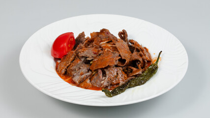 Turkish iskender doner kebab top view	