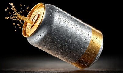 Beer can bursts with golden liquid, creating a dynamic splash in a dark environment