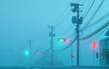 Futuristic cityscape at dusk with glowing traffic lights and power lines enveloped in misty ambiance