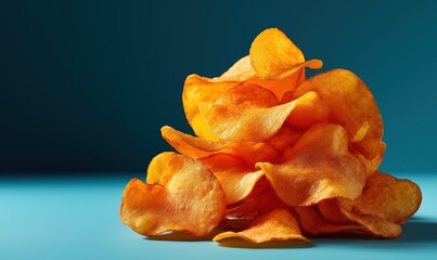 Stack of crispy golden potato chips on a blue backdrop showcases minimalist style