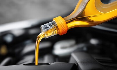 Golden motor oil flows smoothly into a modern engine, showcasing precision and utility