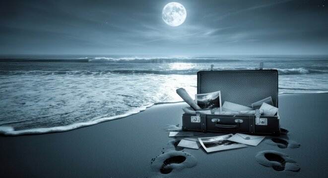 Open suitcase on moonlit beach spilling cash under the night sea breeze - Powered by Adobe