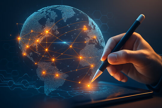 Global communication technology concept with digital holographic earth and stylus creating futuristic connectivity and international network system