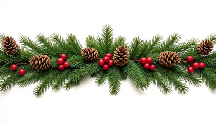 Christmas garland with pinecones and red berries on white background