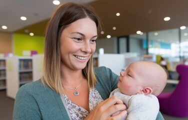 A young mother smiles at her baby in a peaceful library setting, celebrating a tender moment