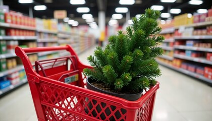 Christmas tree in red shopping cart in grocery store aisle