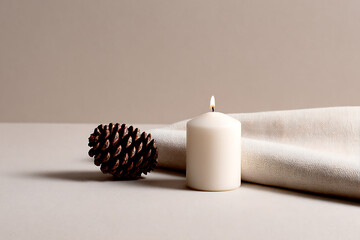 winter home decor, simple winter still life with pinecone, candle, and linen, minimal styling