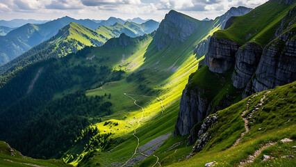 Scenic Alpine Landscape Lush Mountains and Trails under a Cloudy Sky