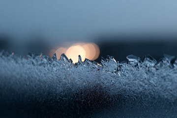 winter wonderland, soft bokeh lights behind frosty window, emitting a dreamy december vibe captured in a macro shot