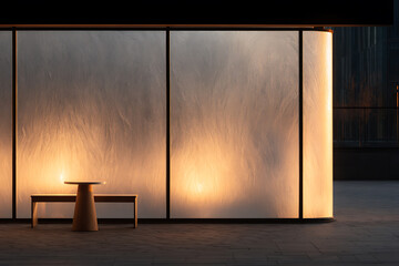 winter caf ambiance, city caf window adorned with frosted patterns and a cozy glow within, exuding a minimalistic charm