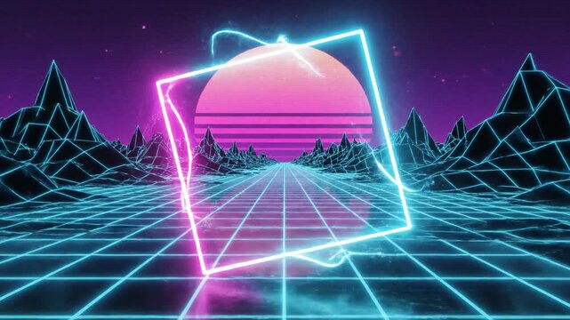 Neon grid landscape with geometric shapes and synthwave sunset
