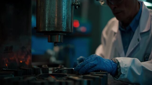 Medium shot of a technician testing safe leadfree bronze materials under controlled conditions emphasizing health and environmental benefits.