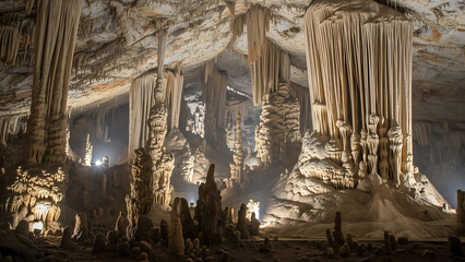 Majestic underground cavern with breathtaking stalactite and stalagmite formations illuminated by soft light