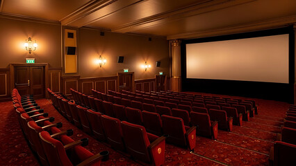 Empty Movie Theater With Red Seats and Large Screen in a Classic Cinema Hall