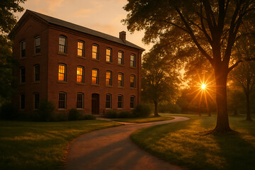 Large traditional brick house with sunset glowing in windows surrounded by trees peaceful countryside serene living and old historic building