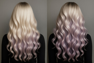 Fototapeta premium Long blonde wavy hairstyle with smooth gradient transitioning into lavender ombre highlights showing modern hair color trend