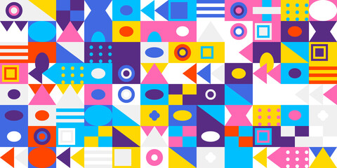 Vibrant abstract geometric pattern background with various shapes and bright colors, modern digital art design for creative projects, fun mosaic texture