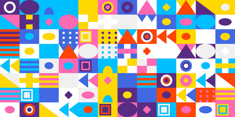 Vibrant and dynamic abstract geometric pattern featuring an eclectic mix of colorful shapes, lines, and textures, creating a modern mosaic design.