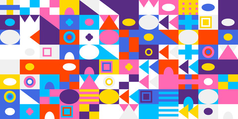 Vibrant abstract mosaic pattern featuring a playful arrangement of colorful geometric shapes including circles, triangles, squares, and dots for a modern design background