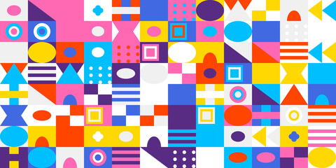 Vibrant and colorful geometric mosaic pattern with an array of abstract shapes and modern design elements
