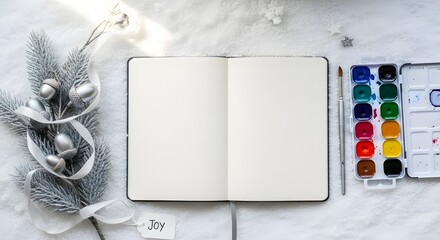 Blank open notebook with watercolor paint set, brush, and festive winter decorations on a snowy background, perfect for holiday planning and creative inspiration.