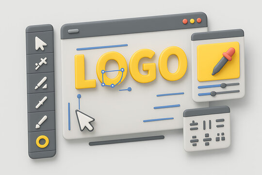 Minimal 3d illustration of logo creation software interface with colorful icons and design tools arranged digitally