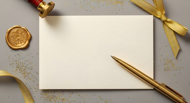 Elegant blank cream paper card with golden pen, wax seal, stamp, festive gold ribbon, and scattered glitter on a grey background