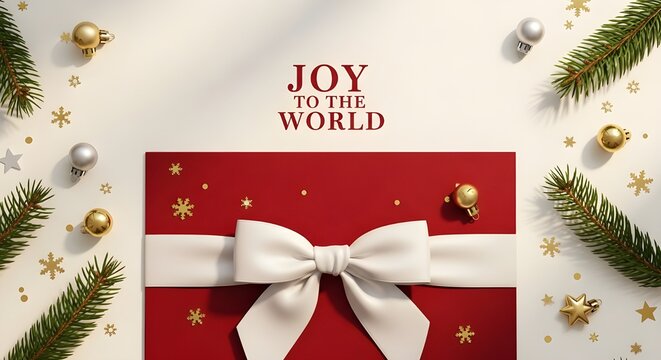 Joy to the world" festive greeting card mockup with elegant red gift box, white ribbon, pine branches, and golden ornaments for holidays.