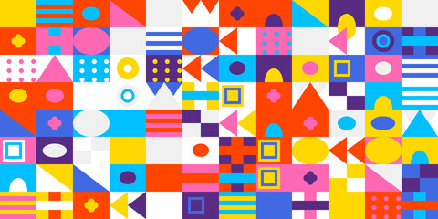 Vibrant and colorful geometric mosaic pattern with an array of abstract shapes and modern design elements