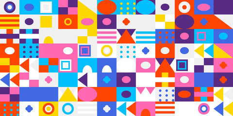 Vibrant and colorful geometric mosaic pattern with an array of abstract shapes and modern design elements