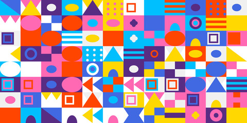 Vibrant and colorful geometric mosaic pattern with an array of abstract shapes and modern design elements