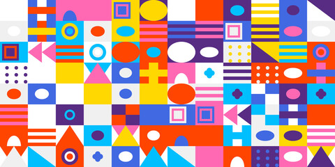 Vibrant and colorful geometric mosaic pattern with an array of abstract shapes and modern design elements