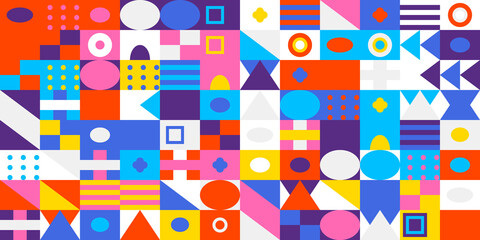 Vibrant and colorful geometric mosaic pattern with an array of abstract shapes and modern design elements
