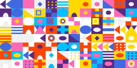 Vibrant and colorful geometric mosaic pattern with an array of abstract shapes and modern design elements