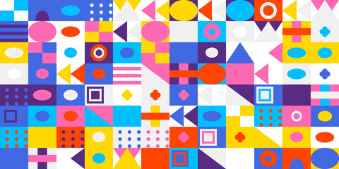 Vibrant and colorful geometric mosaic pattern with an array of abstract shapes and modern design elements